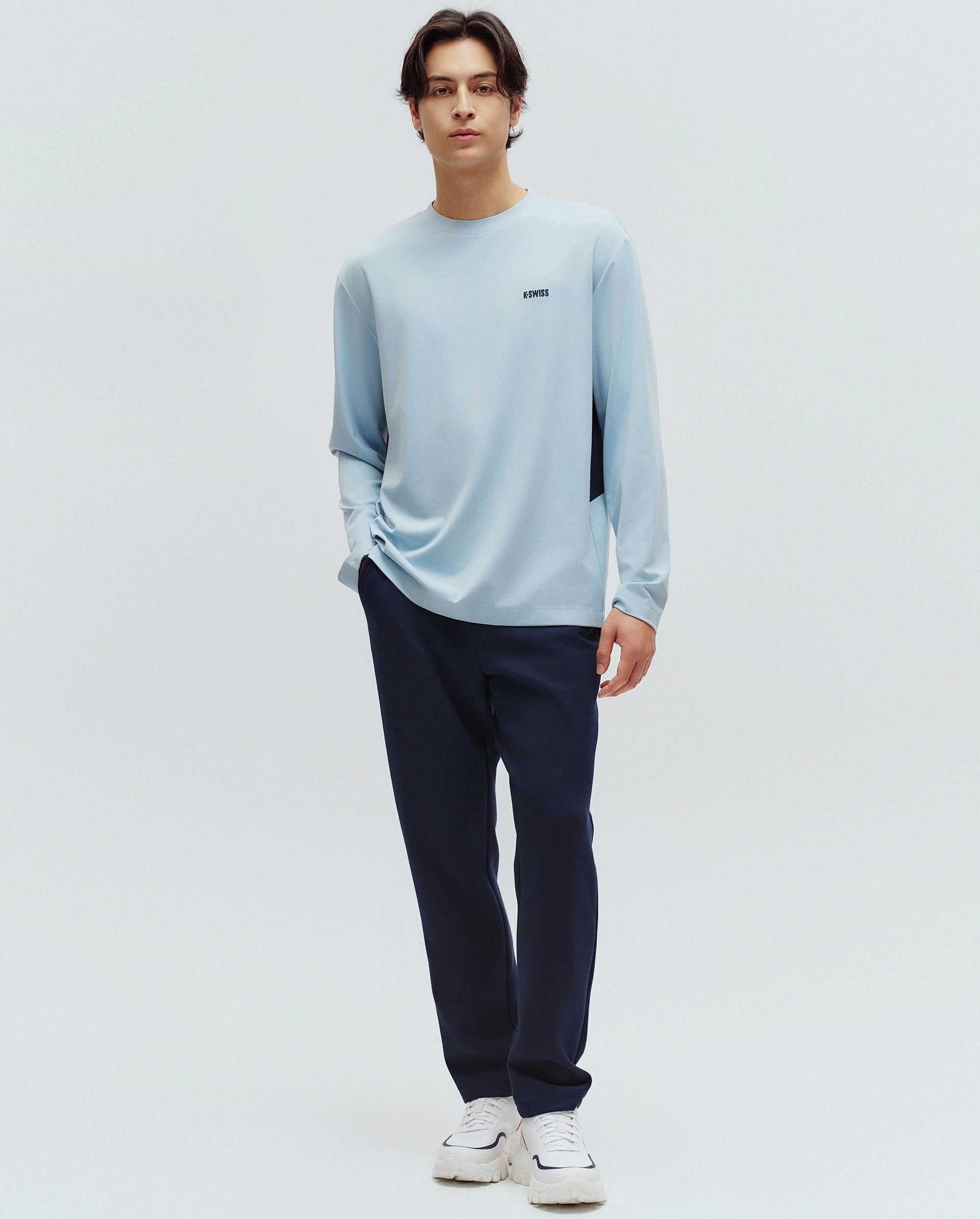 1010791-437 | MEN'S K-SWISS LOGO LOOSE FIT LONG SLEEVES T-SHIRT | BLUE/WHT