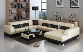 Amanda Modern U-Shape Leather Sectional with Tufted Chaise