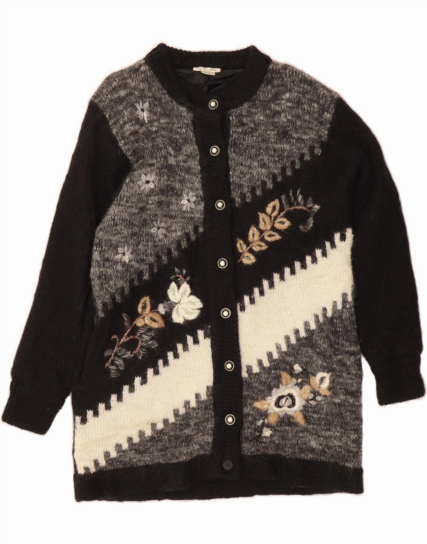 BASIC Womens Graphic Cardigan Sweater UK 10 Small Black Colourblock