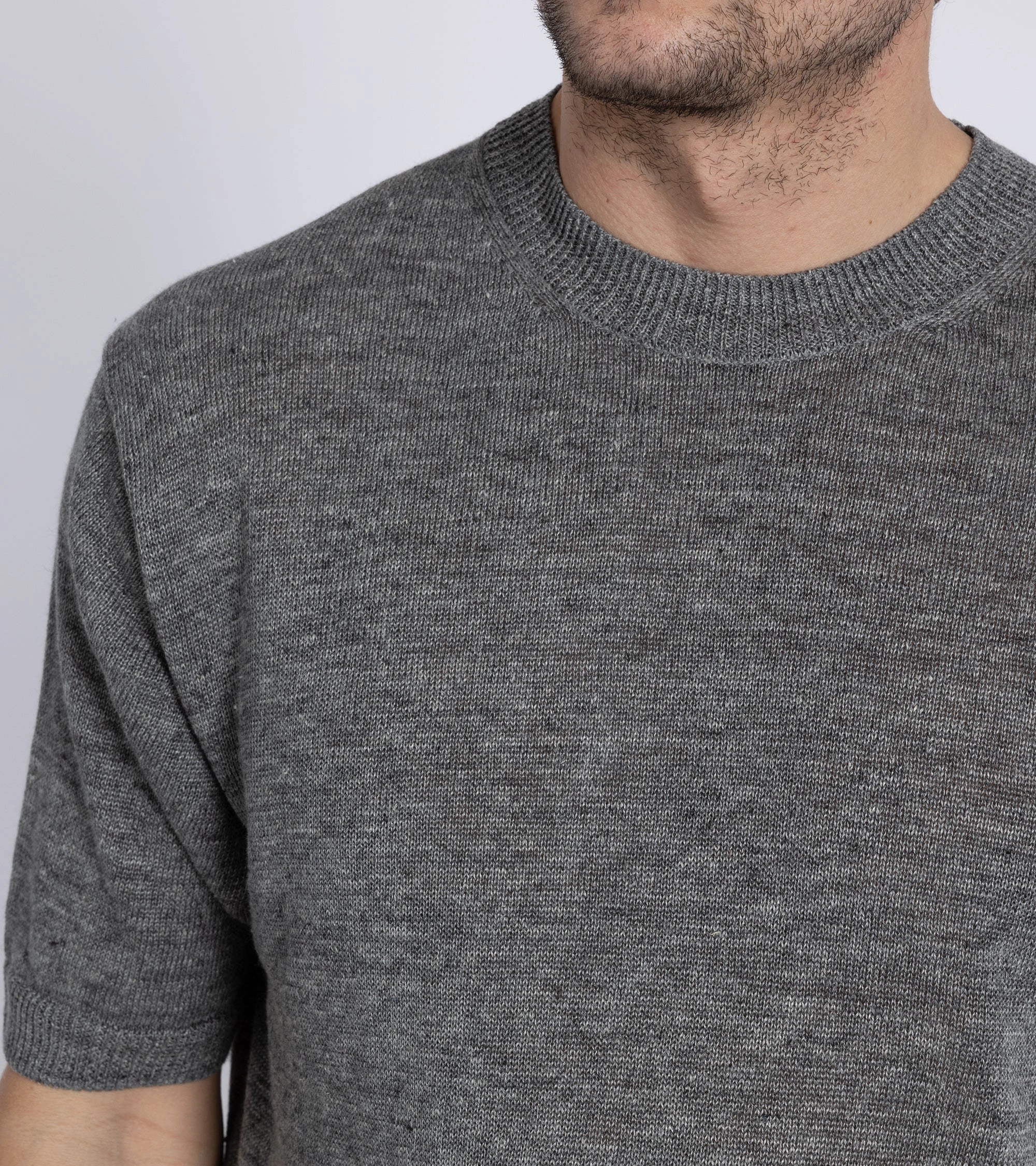 Batoner Washed High Count Linen Short Sleeve Crew Neck Sweater: Grey