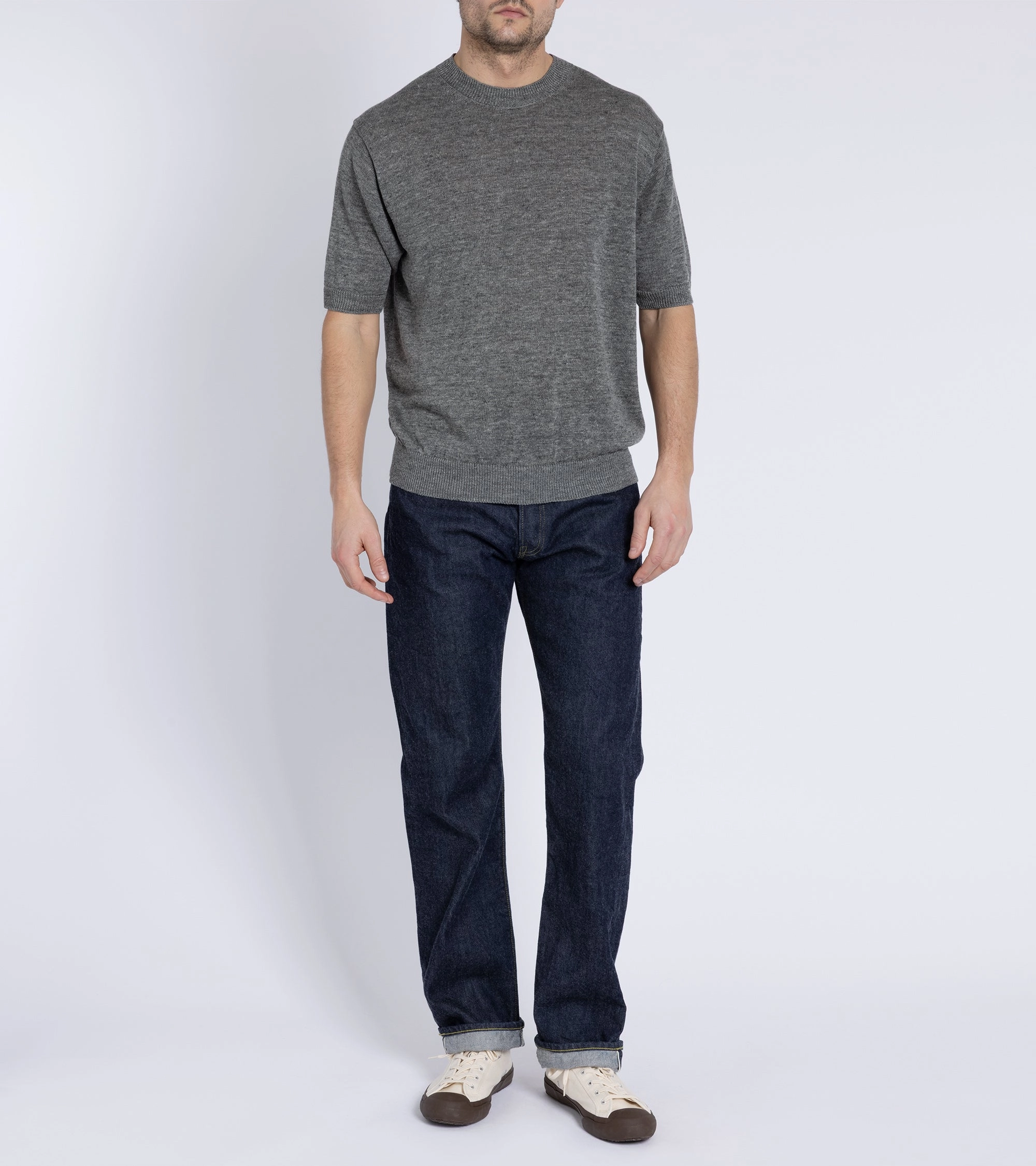 Batoner Washed High Count Linen Short Sleeve Crew Neck Sweater: Grey