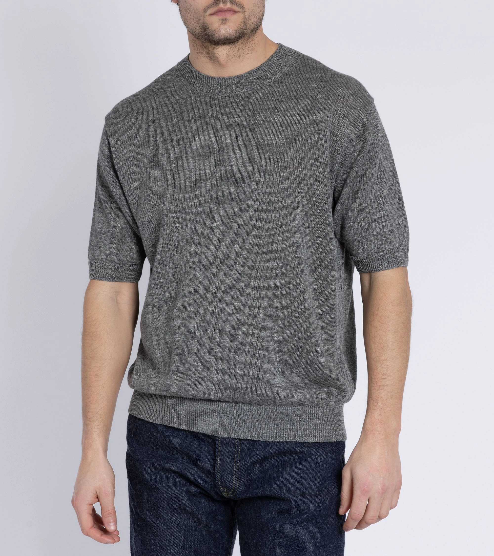 Batoner Washed High Count Linen Short Sleeve Crew Neck Sweater: Grey