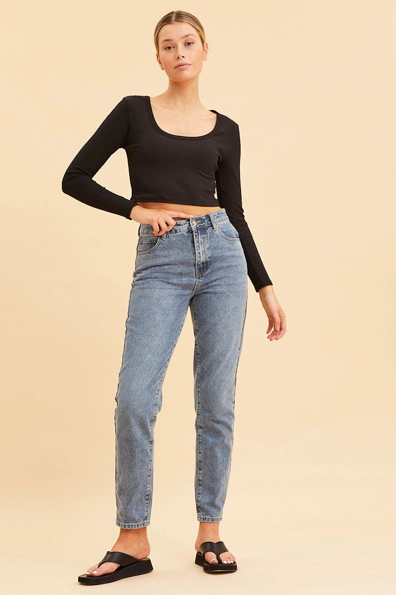 Black Crop Top Scoop Neck Long Sleeve Rib