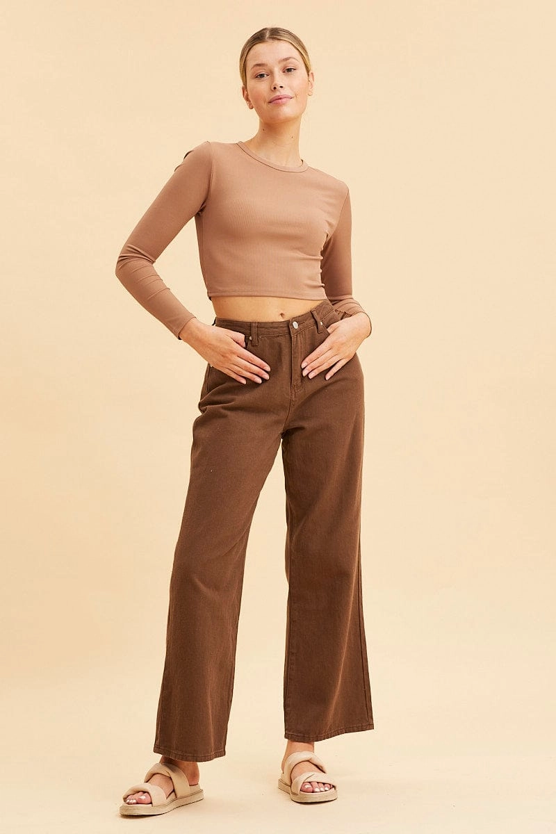 Brown Crop Top Long Sleeve Crew Neck Rib