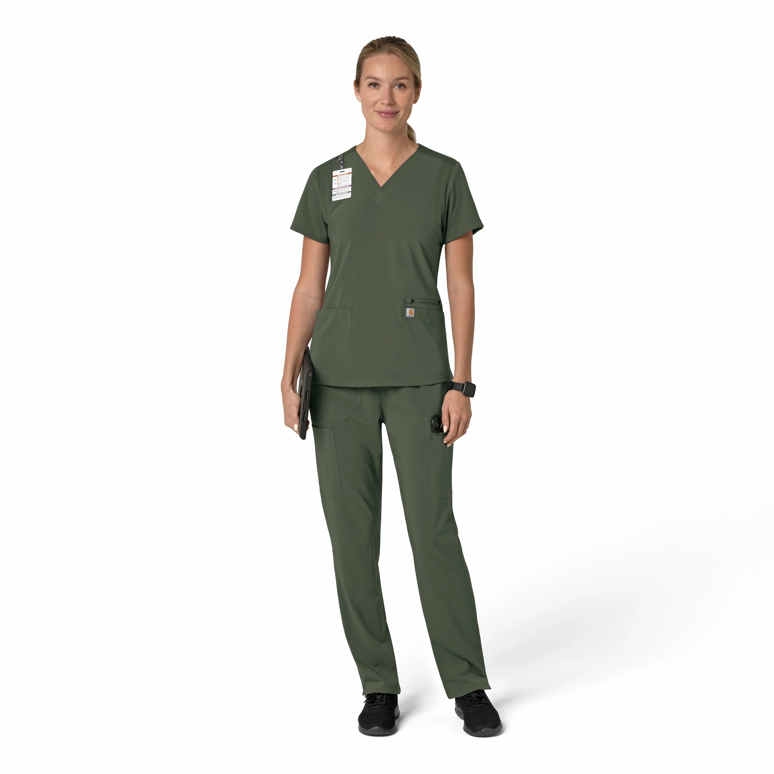 Carhartt Force Cross-Flex Women's Flex Panel V-Neck Scrub Top - Olive
