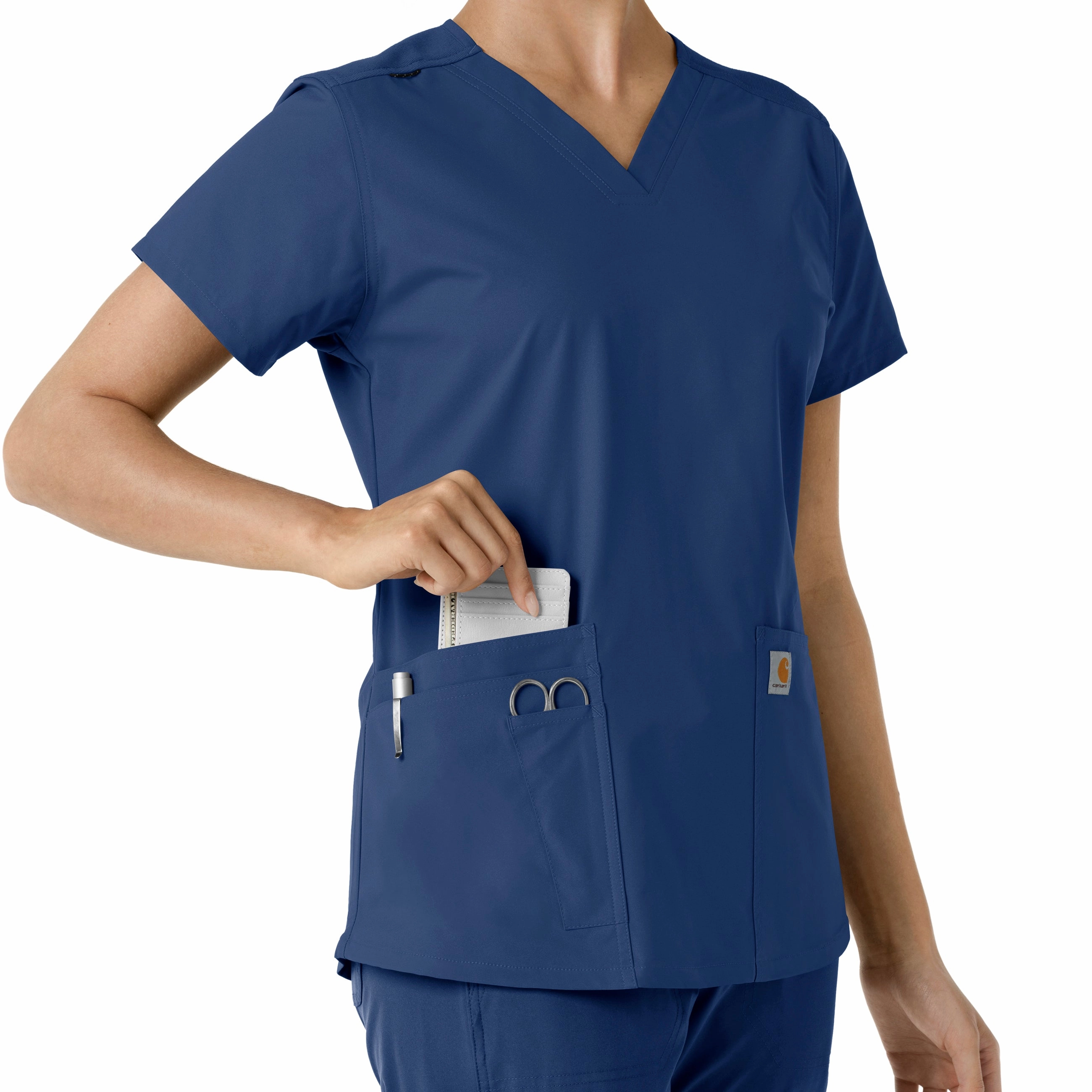 Carhartt Force Essentials Women's V-Neck Knit Panel Scrub Top - Navy