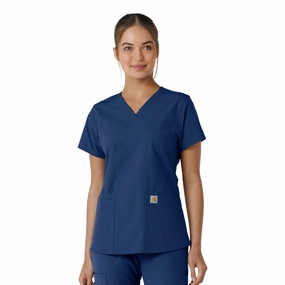 Carhartt Force Essentials Women's V-Neck Knit Panel Scrub Top - Navy