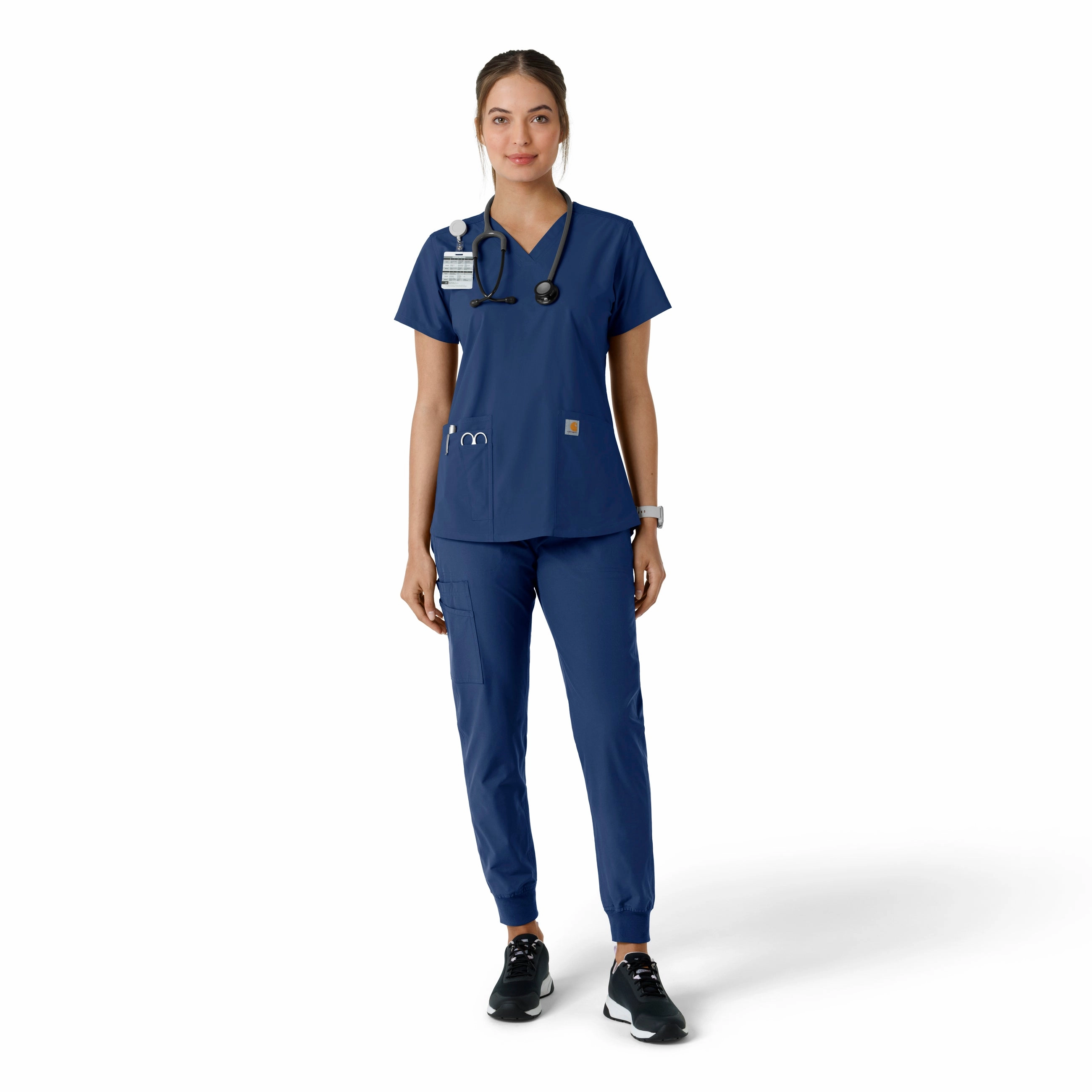 Carhartt Force Essentials Women's V-Neck Knit Panel Scrub Top - Navy