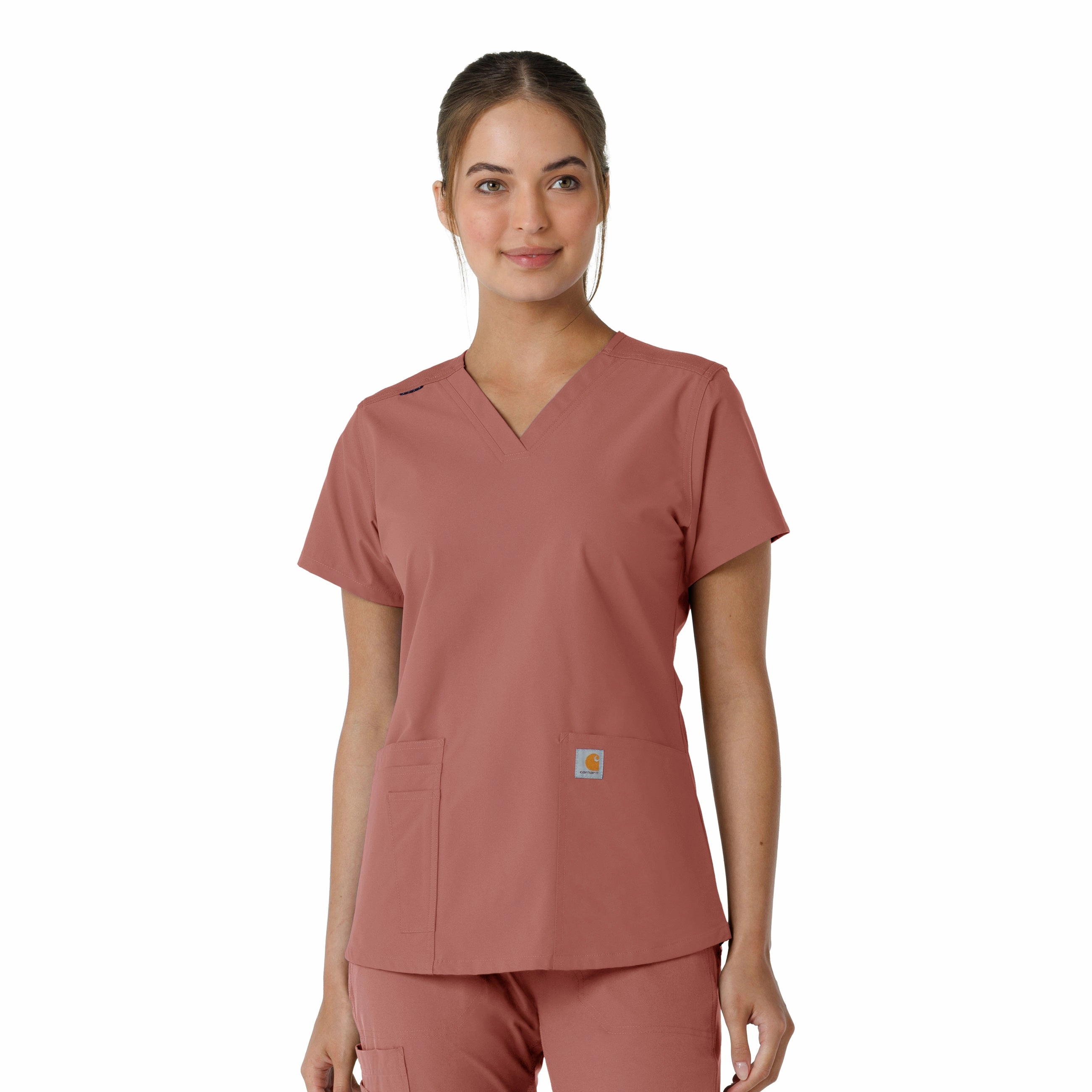Carhartt Force Essentials Women's V-Neck Knit Panel Scrub Top - Wildrose