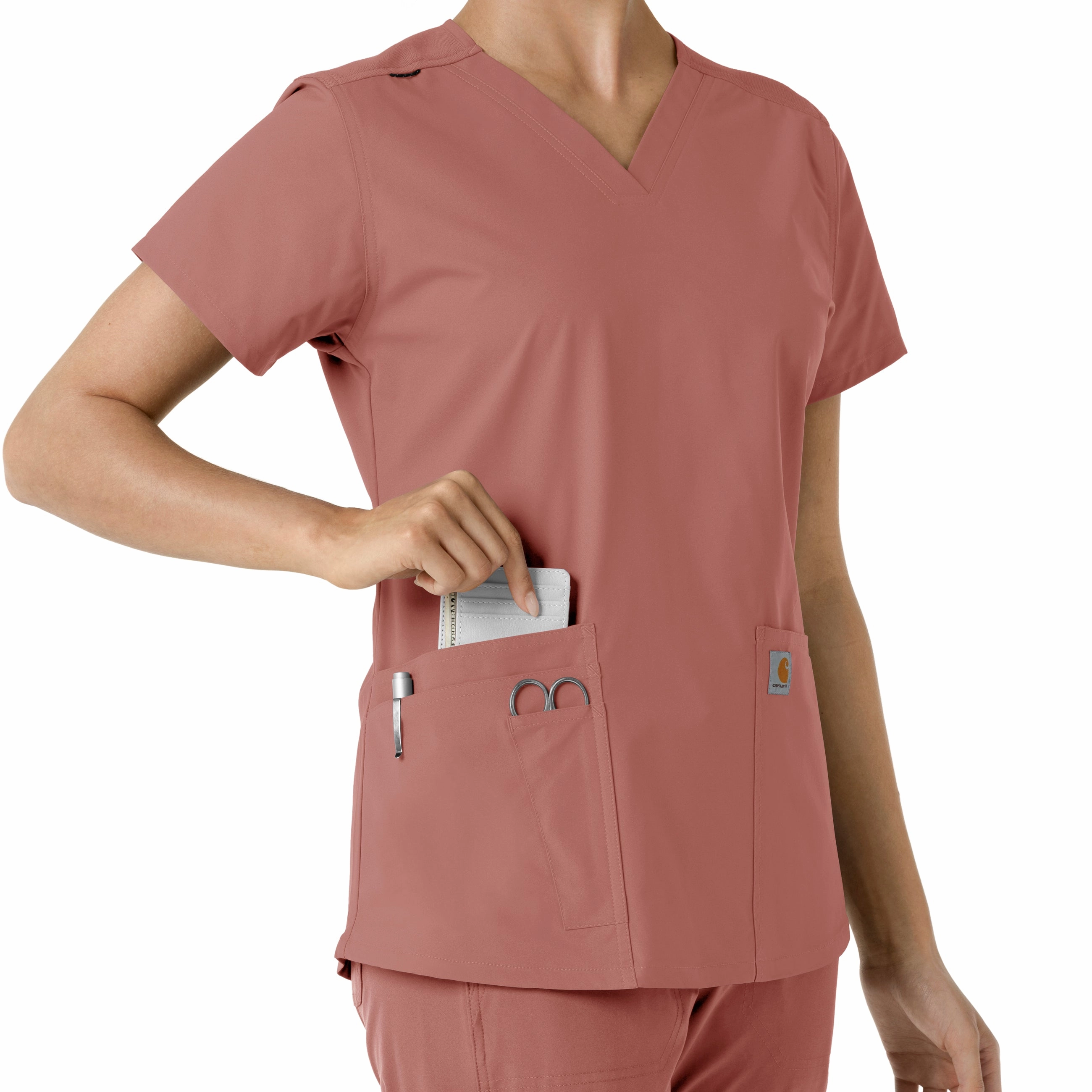 Carhartt Force Essentials Women's V-Neck Knit Panel Scrub Top - Wildrose