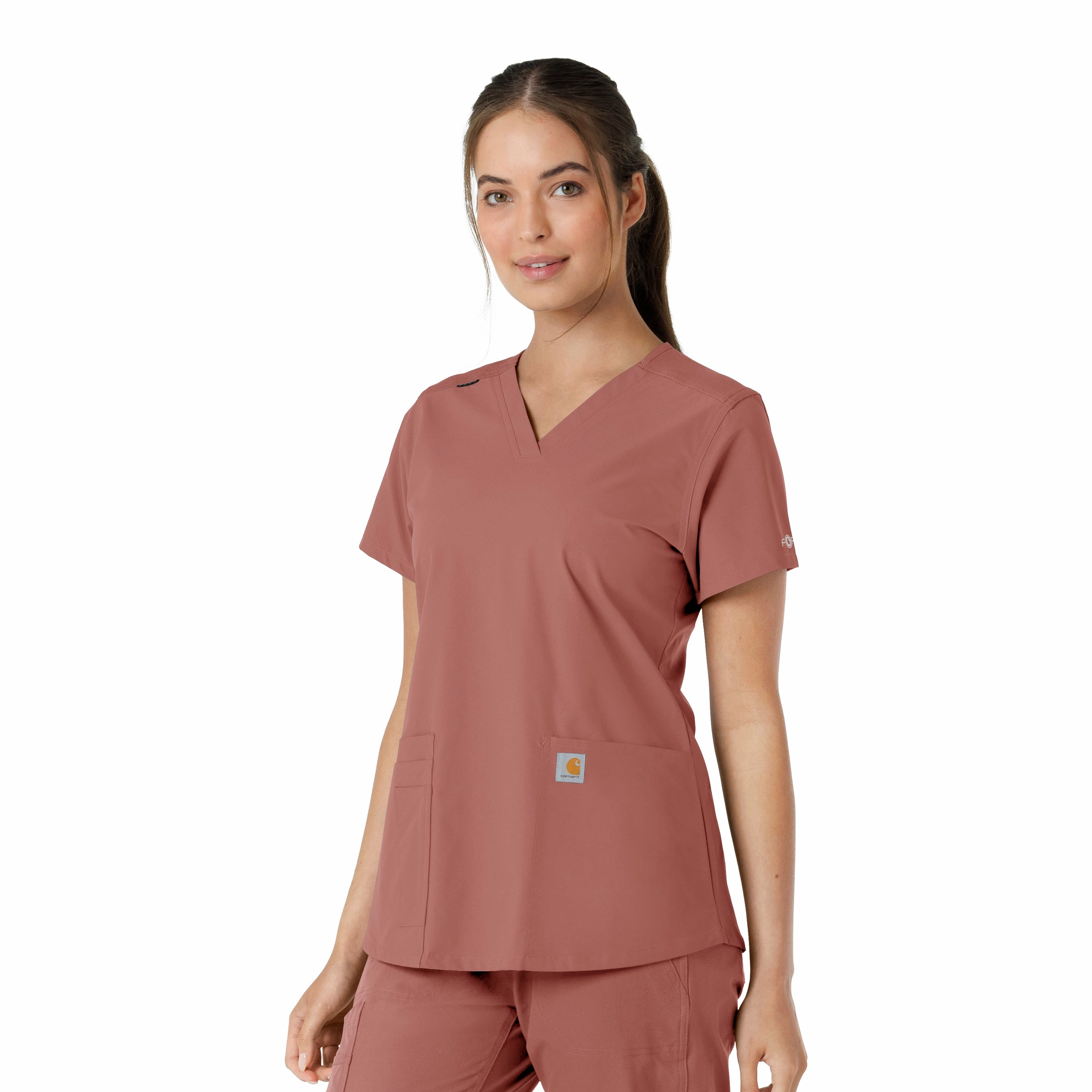 Carhartt Force Essentials Women's V-Neck Knit Panel Scrub Top - Wildrose