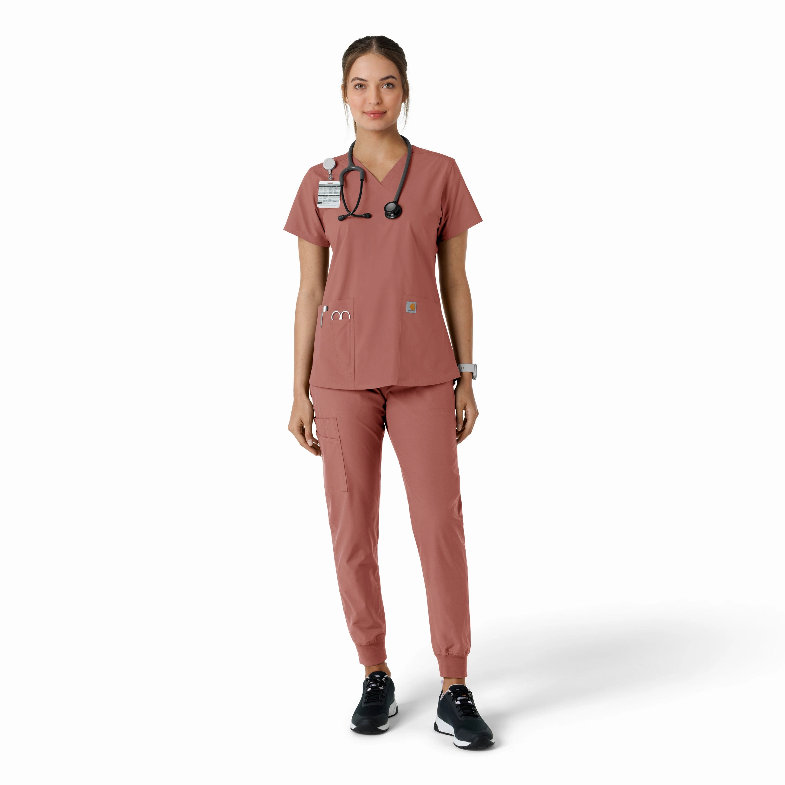 Carhartt Force Essentials Women's V-Neck Knit Panel Scrub Top - Wildrose