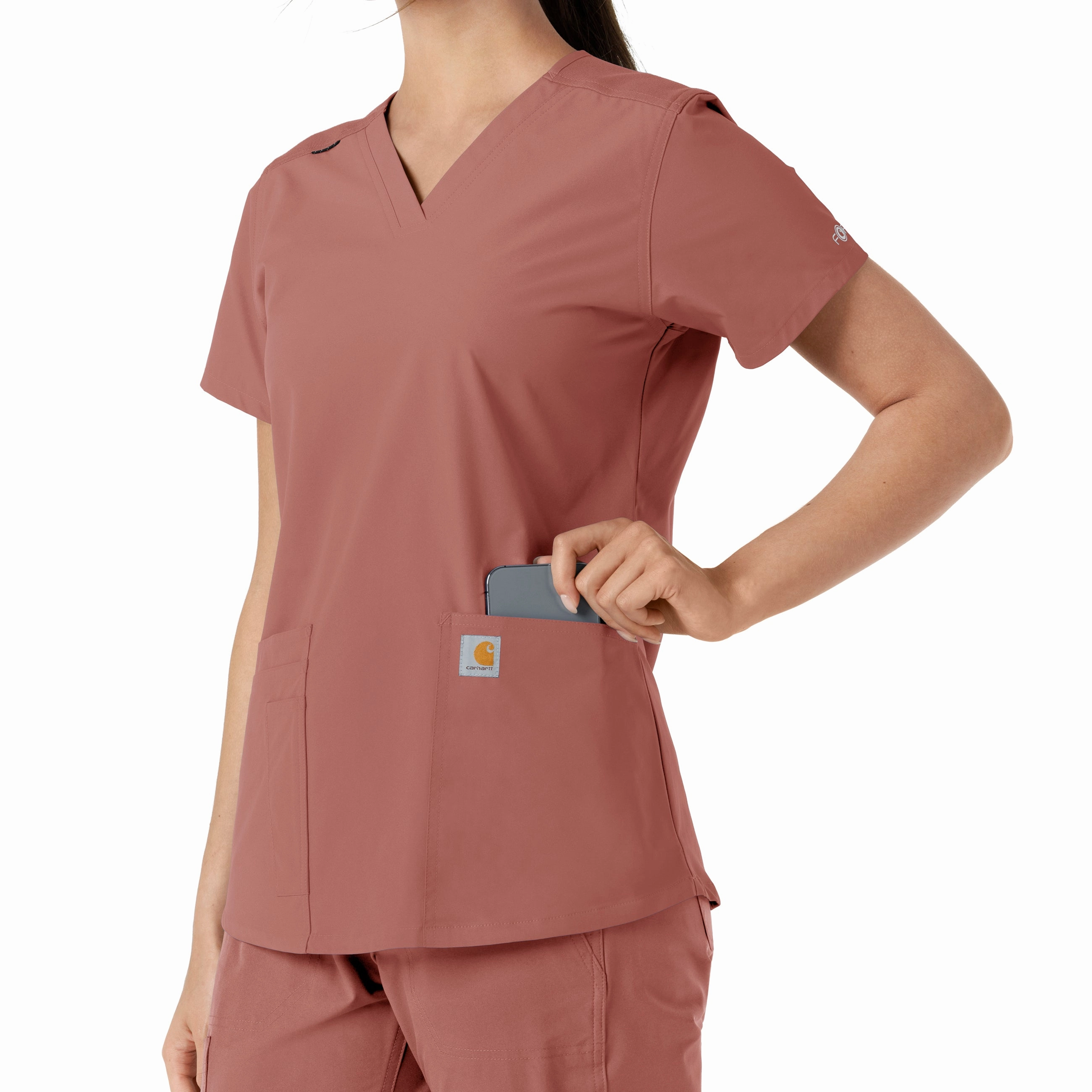 Carhartt Force Essentials Women's V-Neck Knit Panel Scrub Top - Wildrose