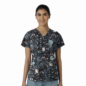 Carhartt Women's V-Neck Print Scrub Top - Geo Logo Black