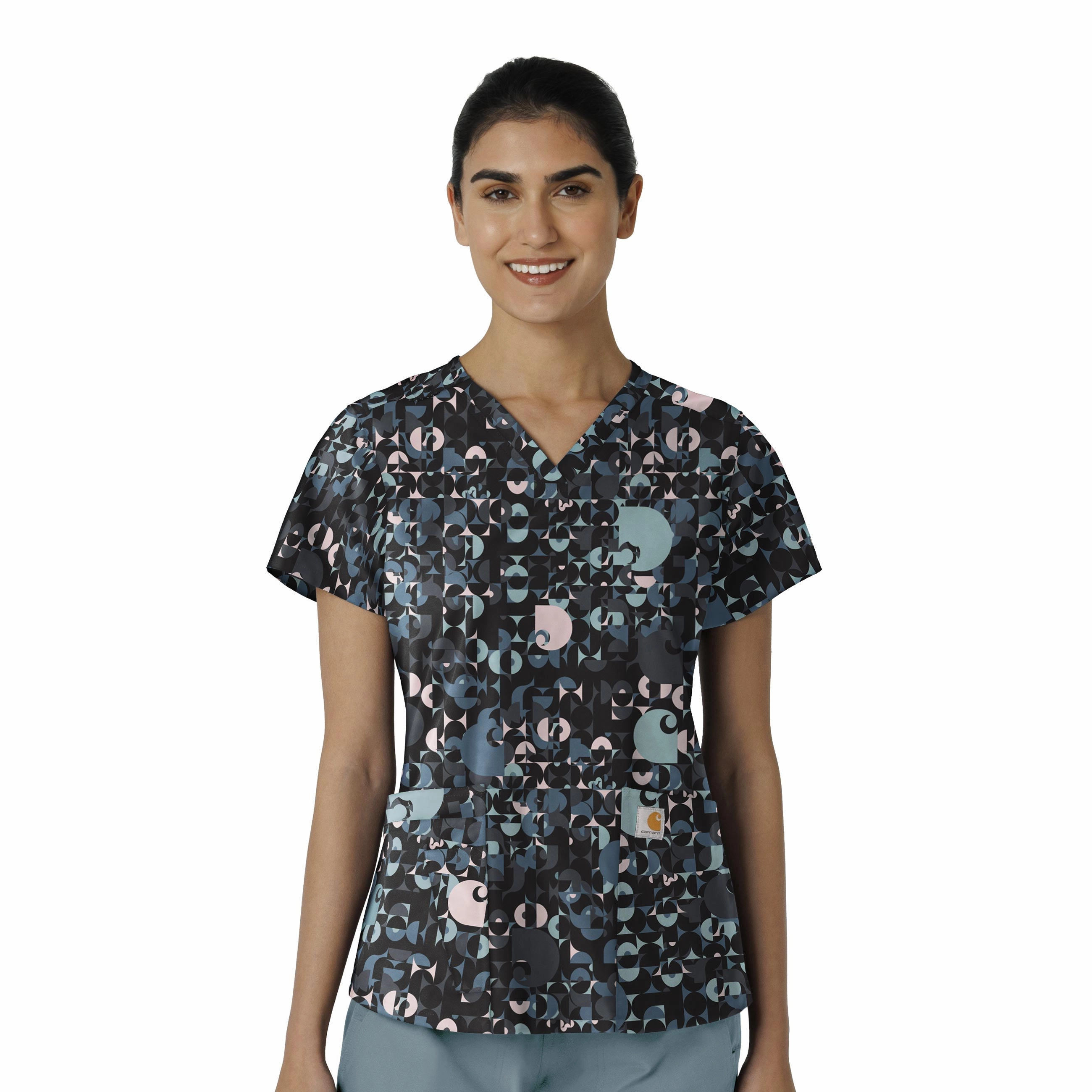 Carhartt Women's V-Neck Print Scrub Top - Geo Logo Black