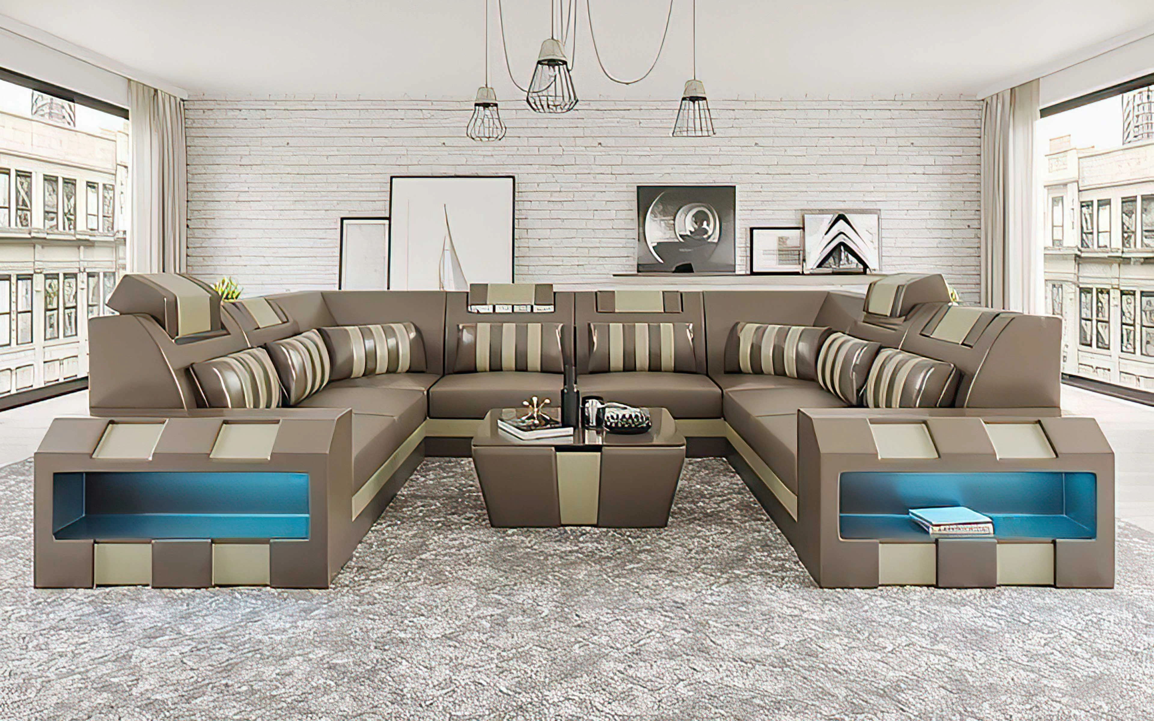 Cosmo XL U shape Modern Leather Sectional with Led Light