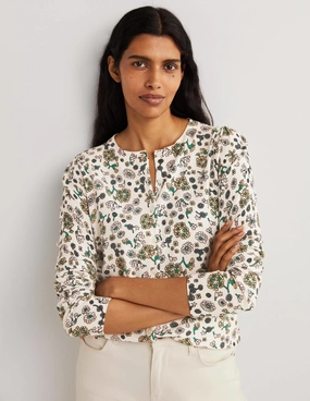 Cotton Crew Neck Cardigan-Ivory. Ditsy Charm