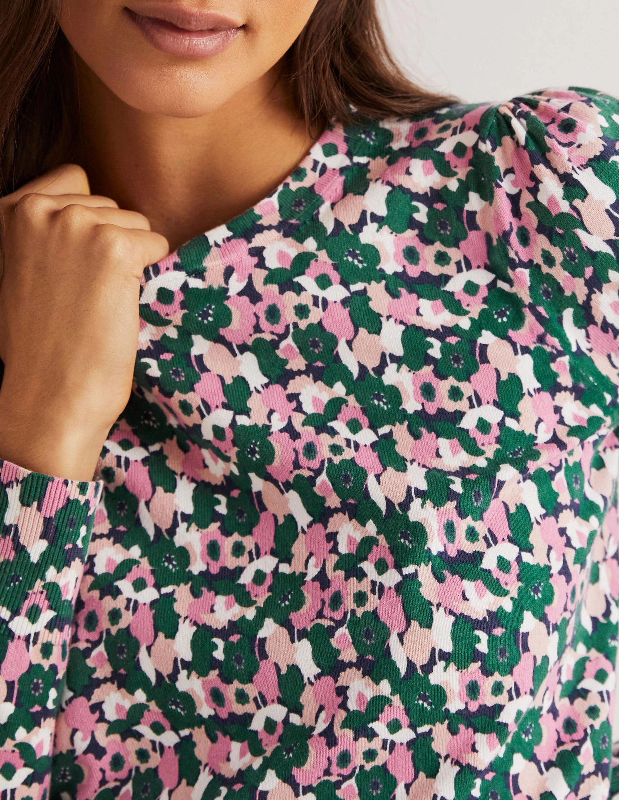 Cotton Crew Neck Jumper-Wild Rose. Tulip Cluster