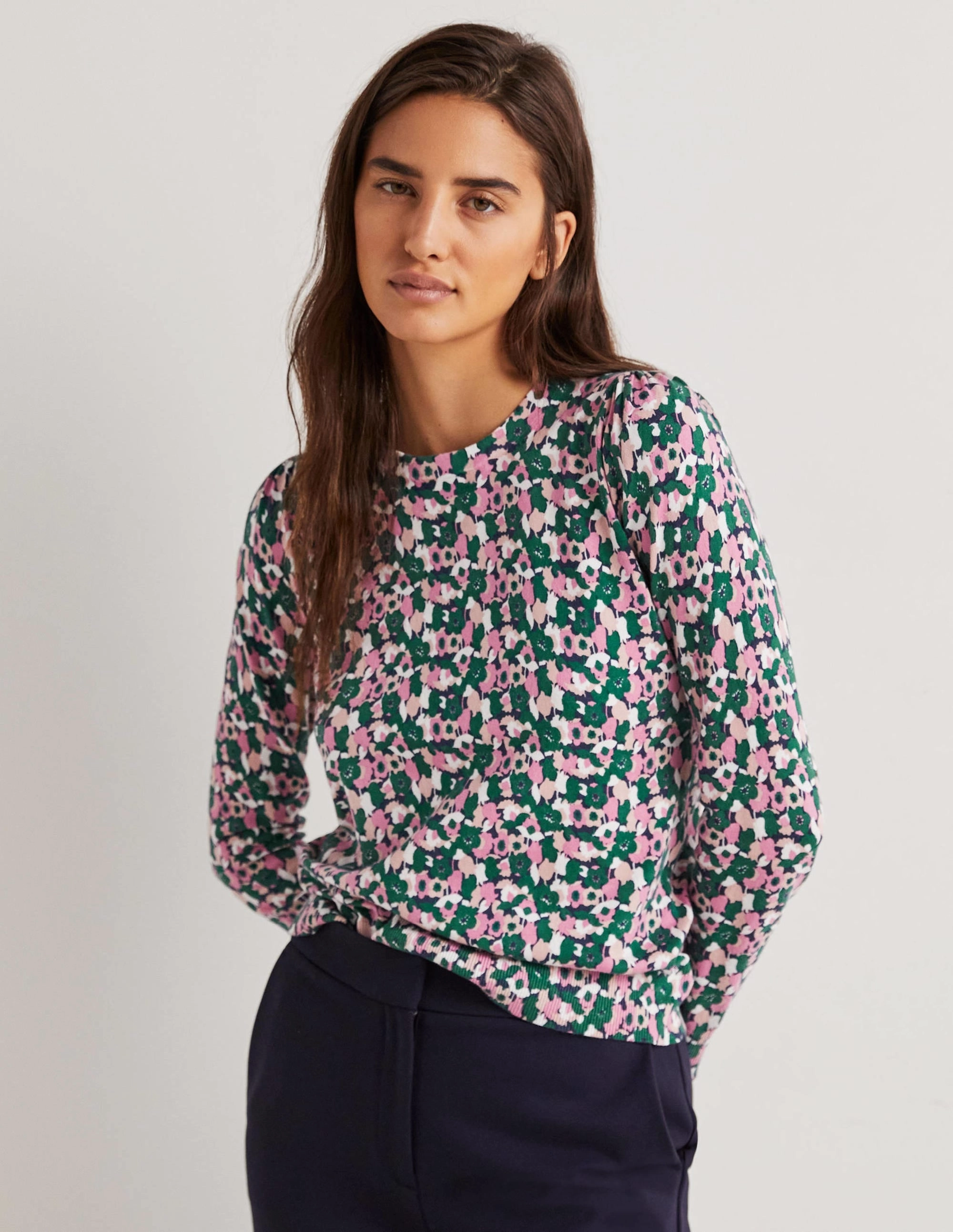 Cotton Crew Neck Jumper-Wild Rose. Tulip Cluster