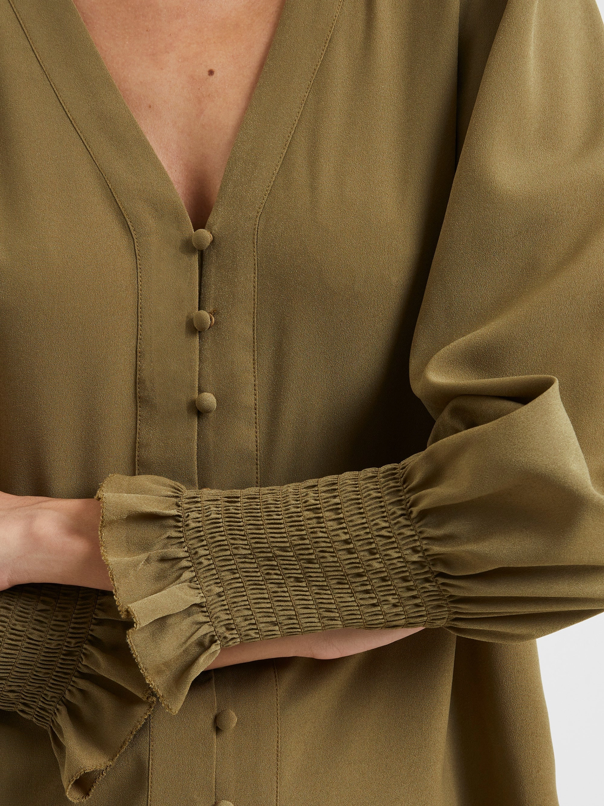 Crepe V-Neck Smocked Sleeve Blouse