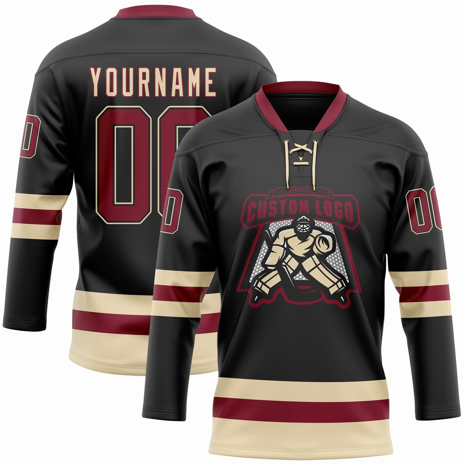 Custom Black Crimson-Cream Hockey Lace Neck Jersey