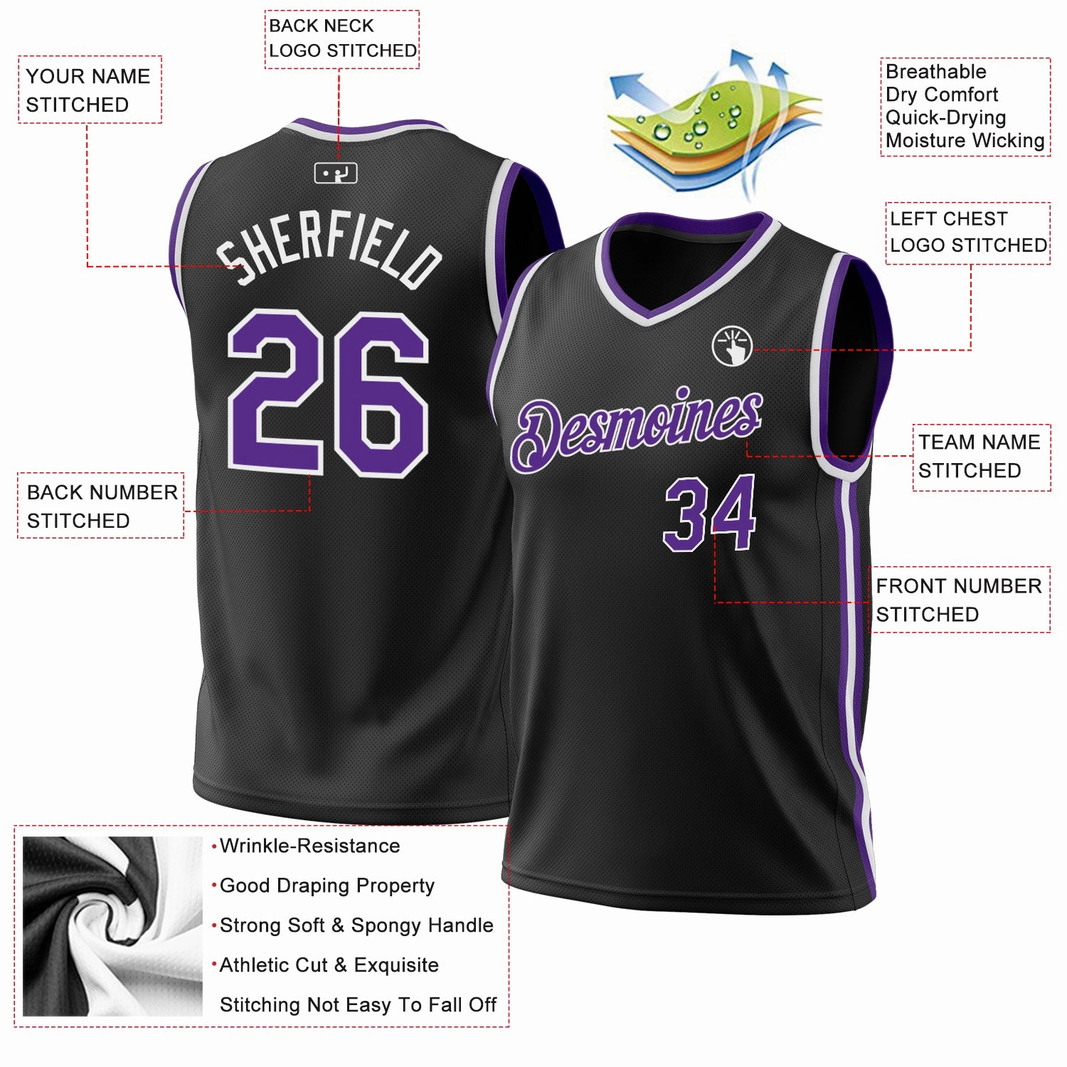 Custom Black Purple-White Authentic Throwback Basketball Jersey
