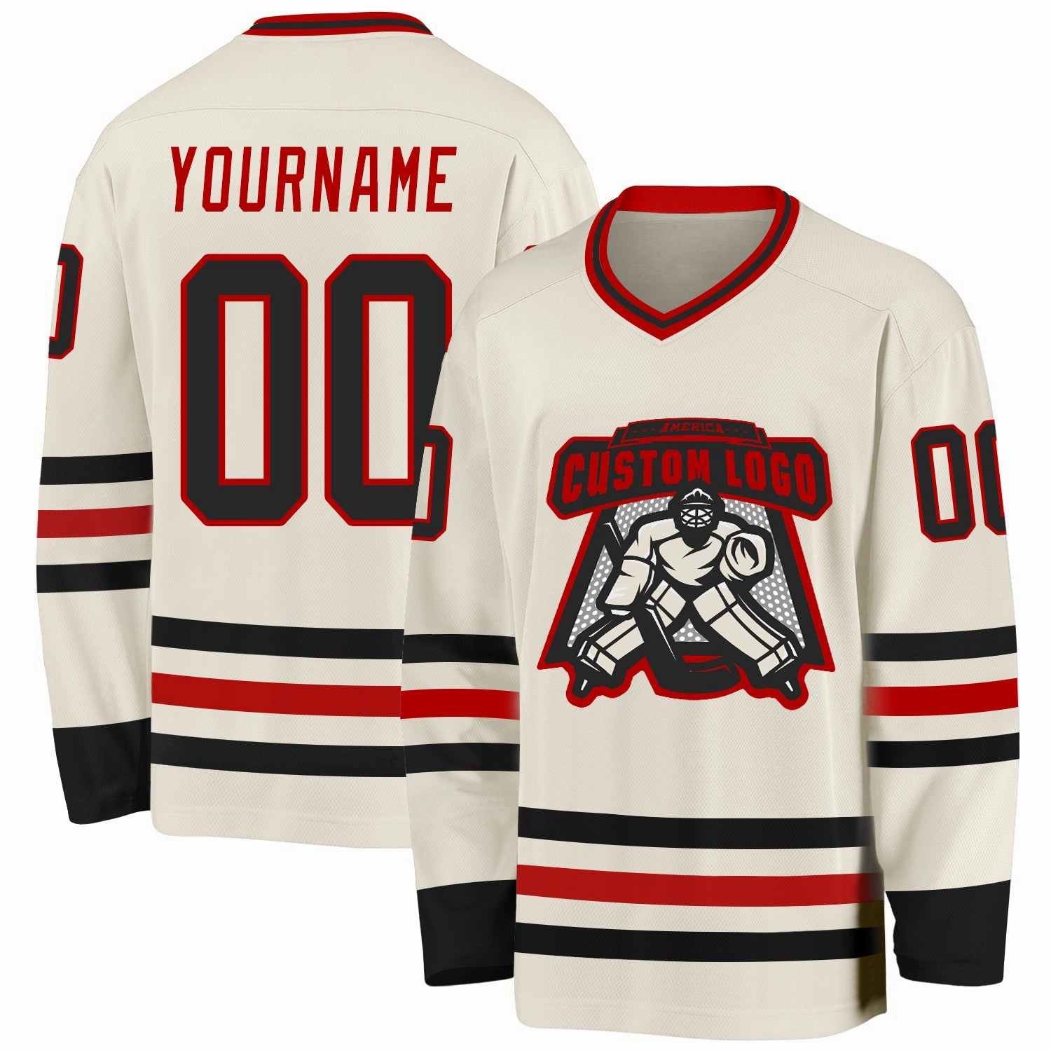 Custom Cream Black-Red Hockey Jersey