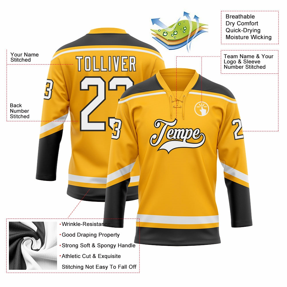 Custom Gold White-Black Hockey Lace Neck Jersey