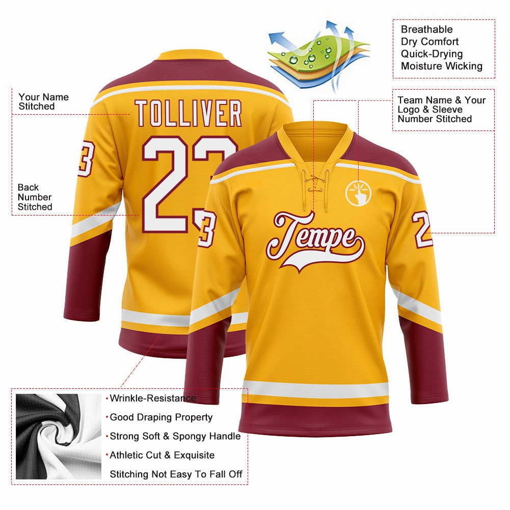 Custom Gold White-Crimson Hockey Lace Neck Jersey