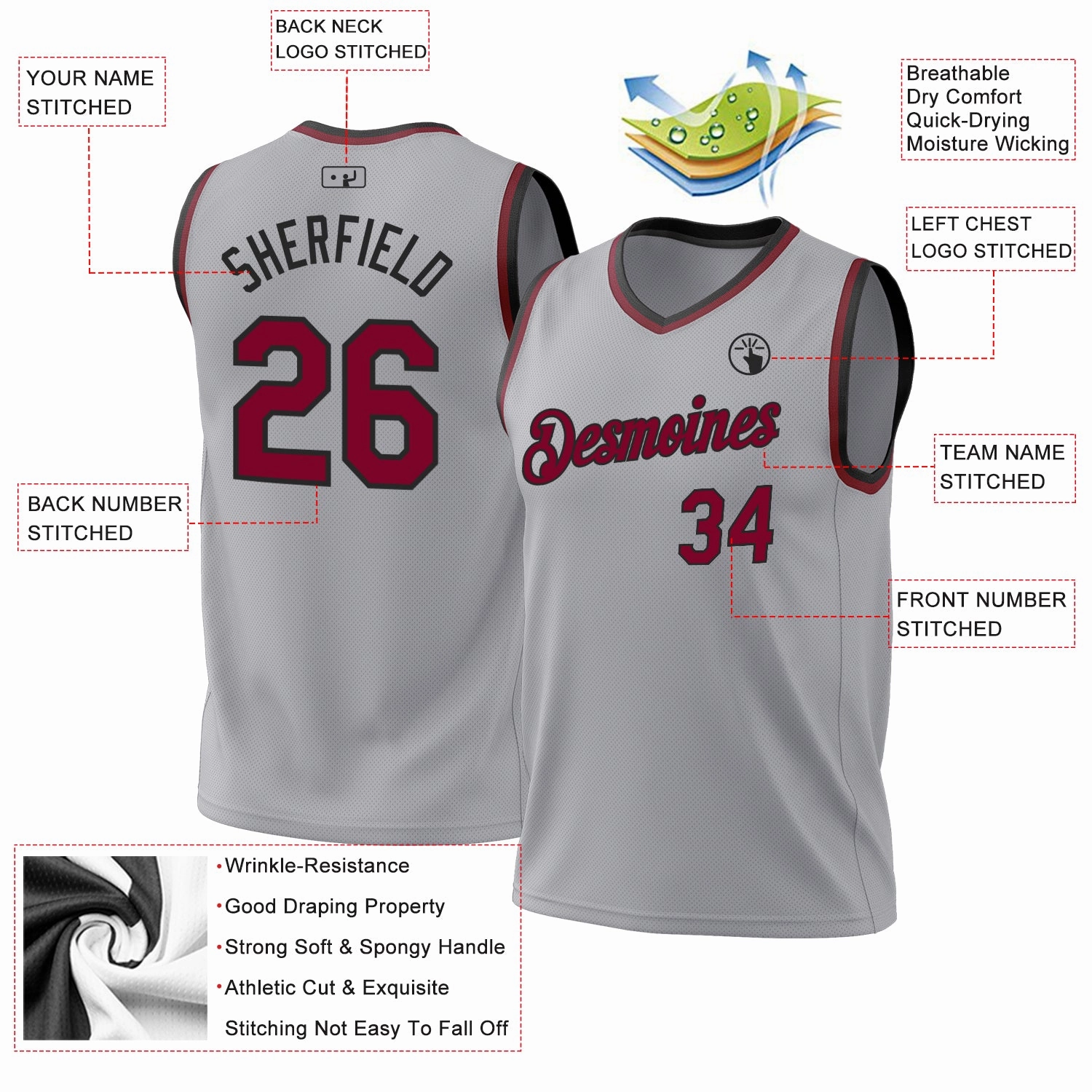 Custom Gray Maroon-Black Authentic Throwback Basketball Jersey