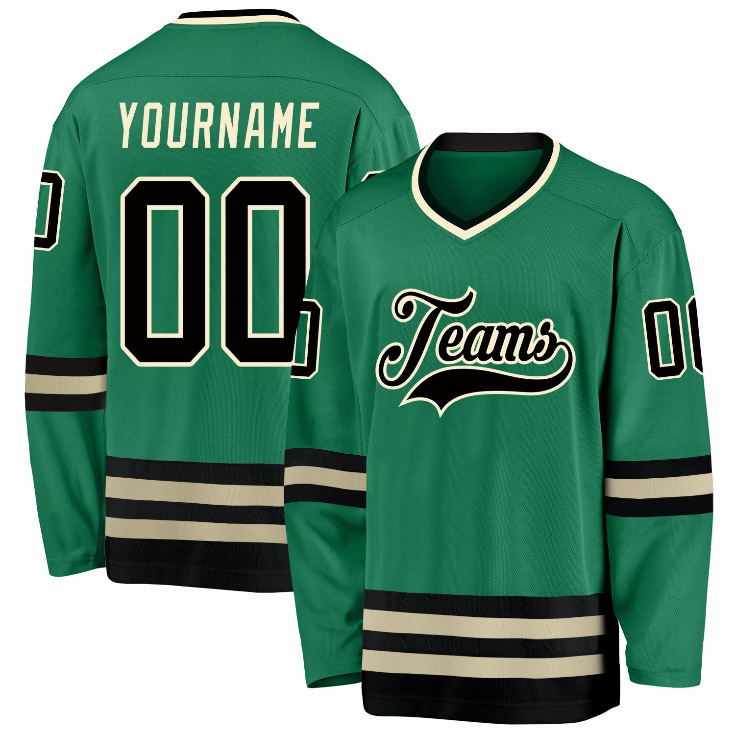 Custom Kelly Green Black-Cream Hockey Jersey