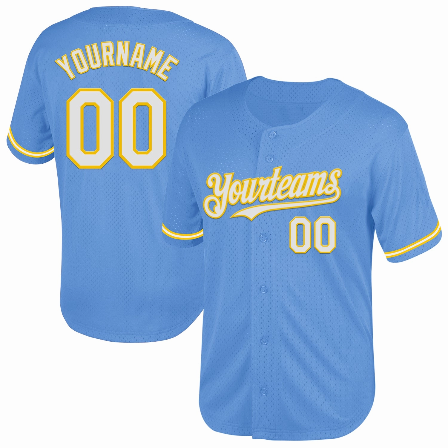 Custom Light Blue White-Yellow Mesh Authentic Throwback Baseball Jersey