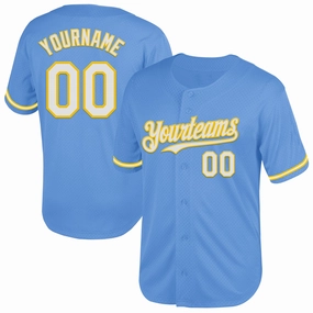 Custom Light Blue White-Yellow Mesh Authentic Throwback Baseball Jersey