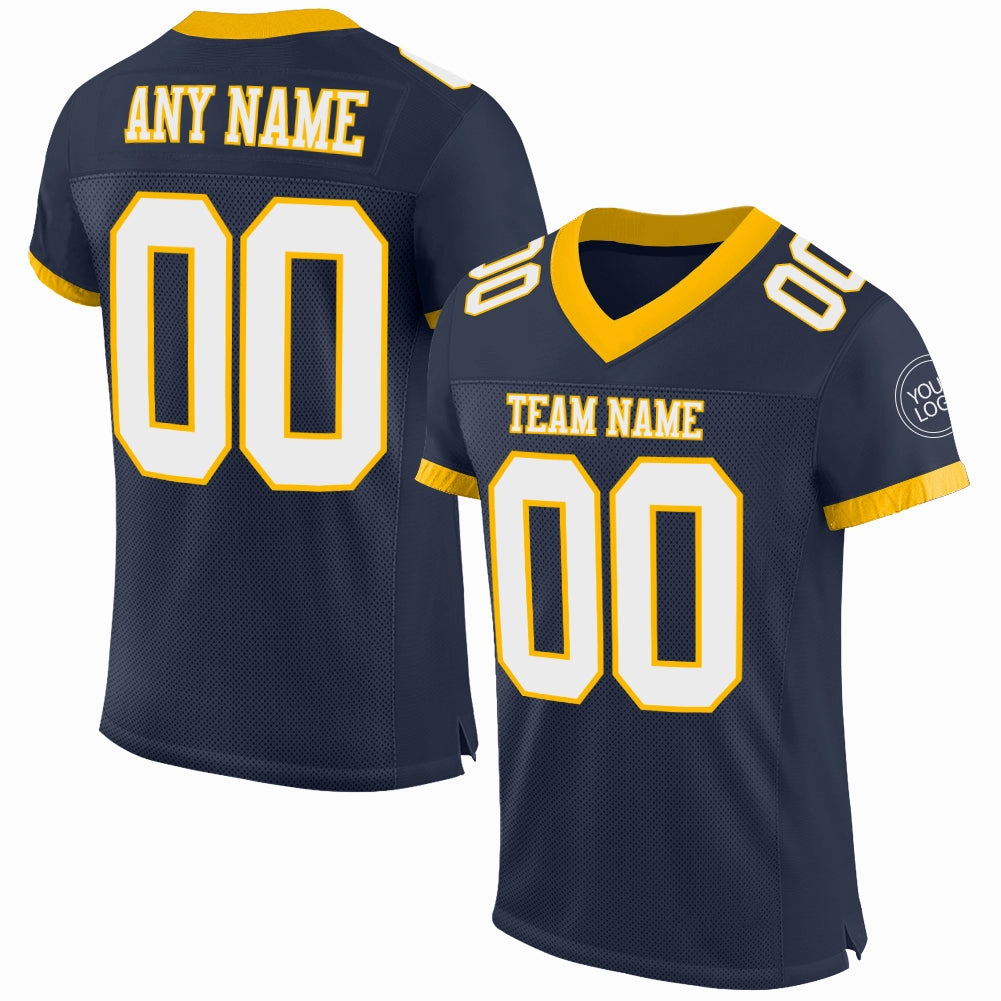 Custom Navy White-Gold Mesh Authentic Football Jersey