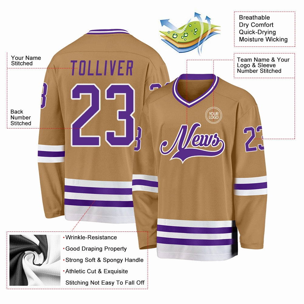 Custom Old Gold Purple-White Hockey Jersey