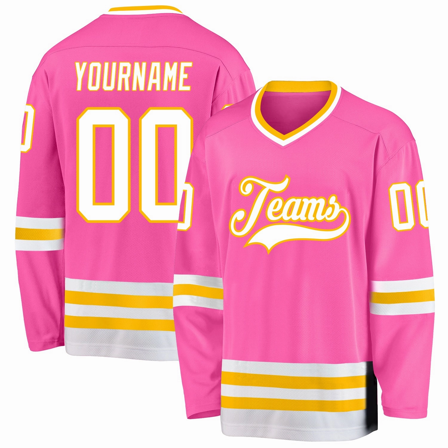 Custom Pink White-Gold Hockey Jersey