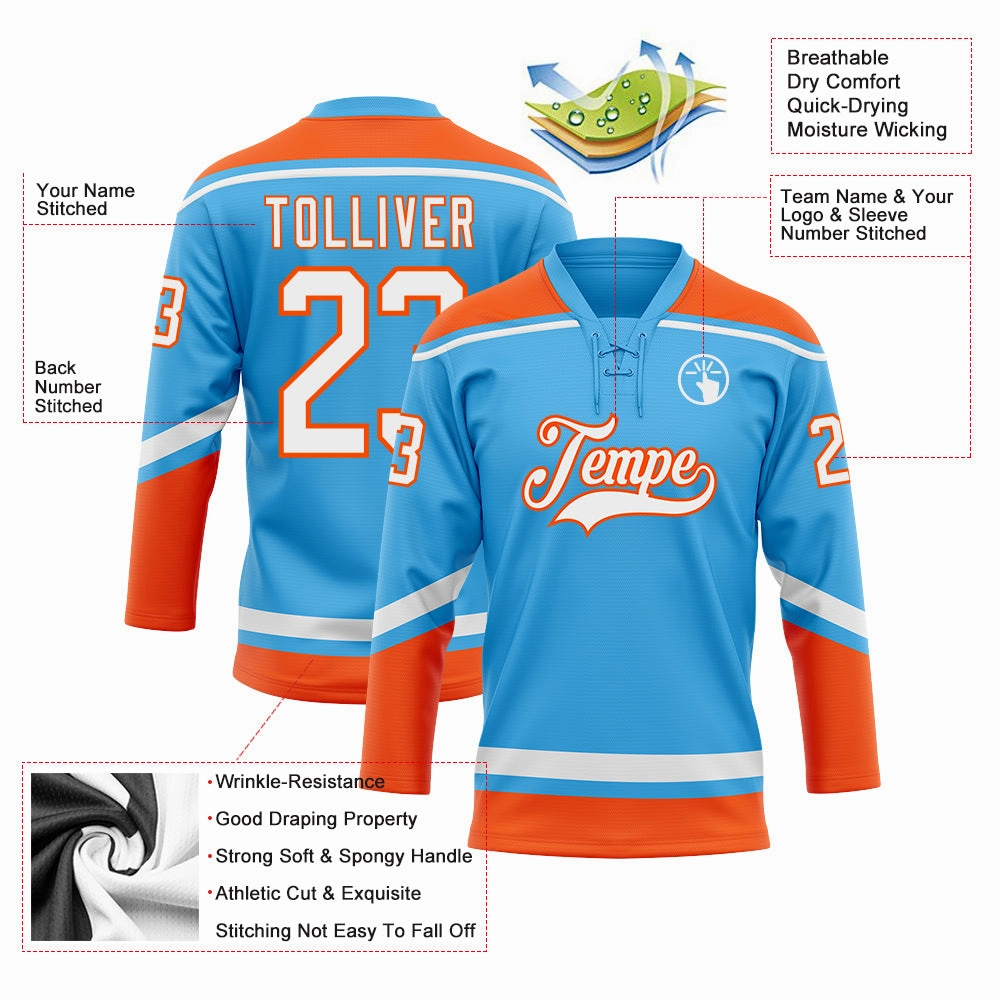 Custom Sky Blue White-Orange Hockey Lace Neck Jersey
