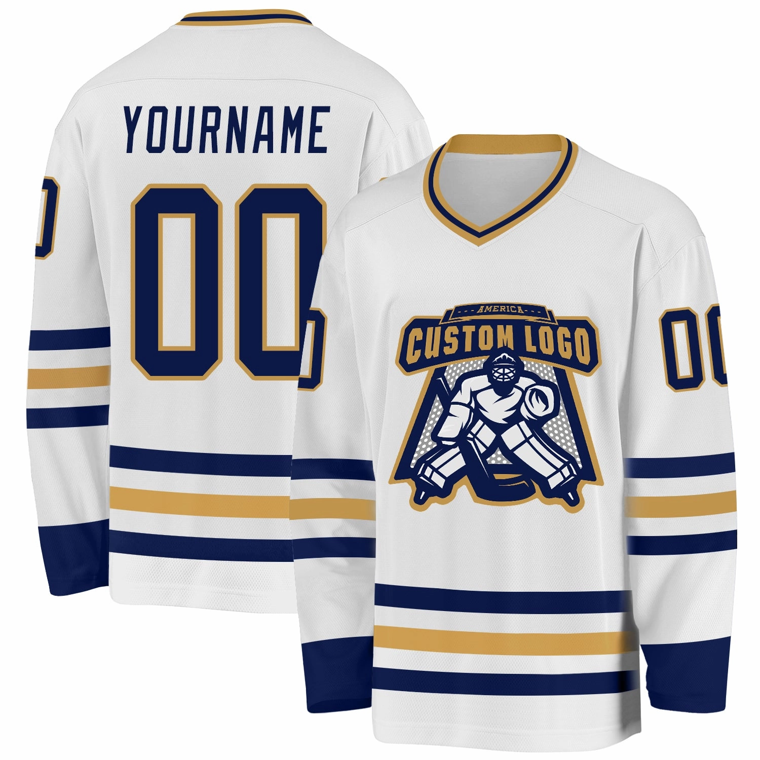 Custom White Navy-Old Gold Hockey Jersey