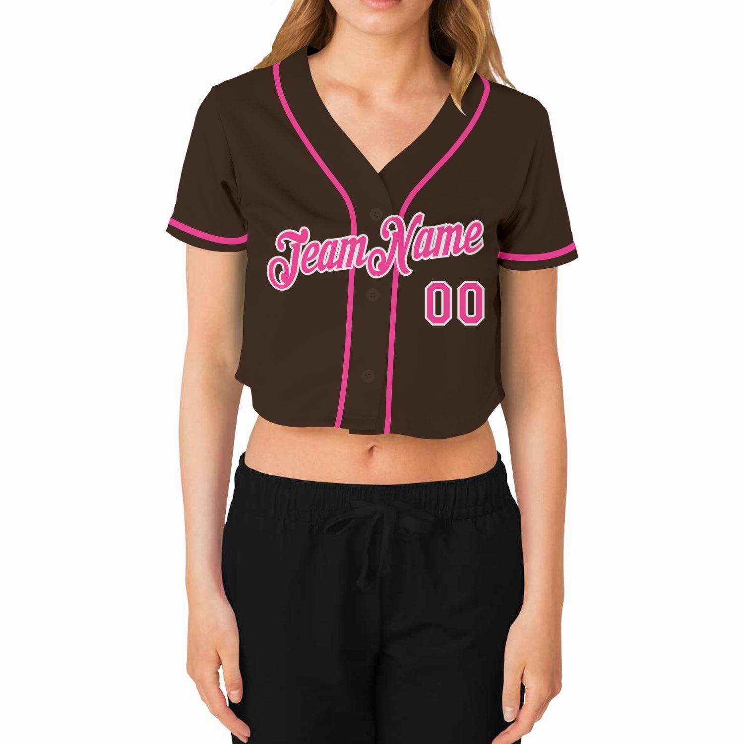 Custom Women's Brown Pink-White V-Neck Cropped Baseball Jersey