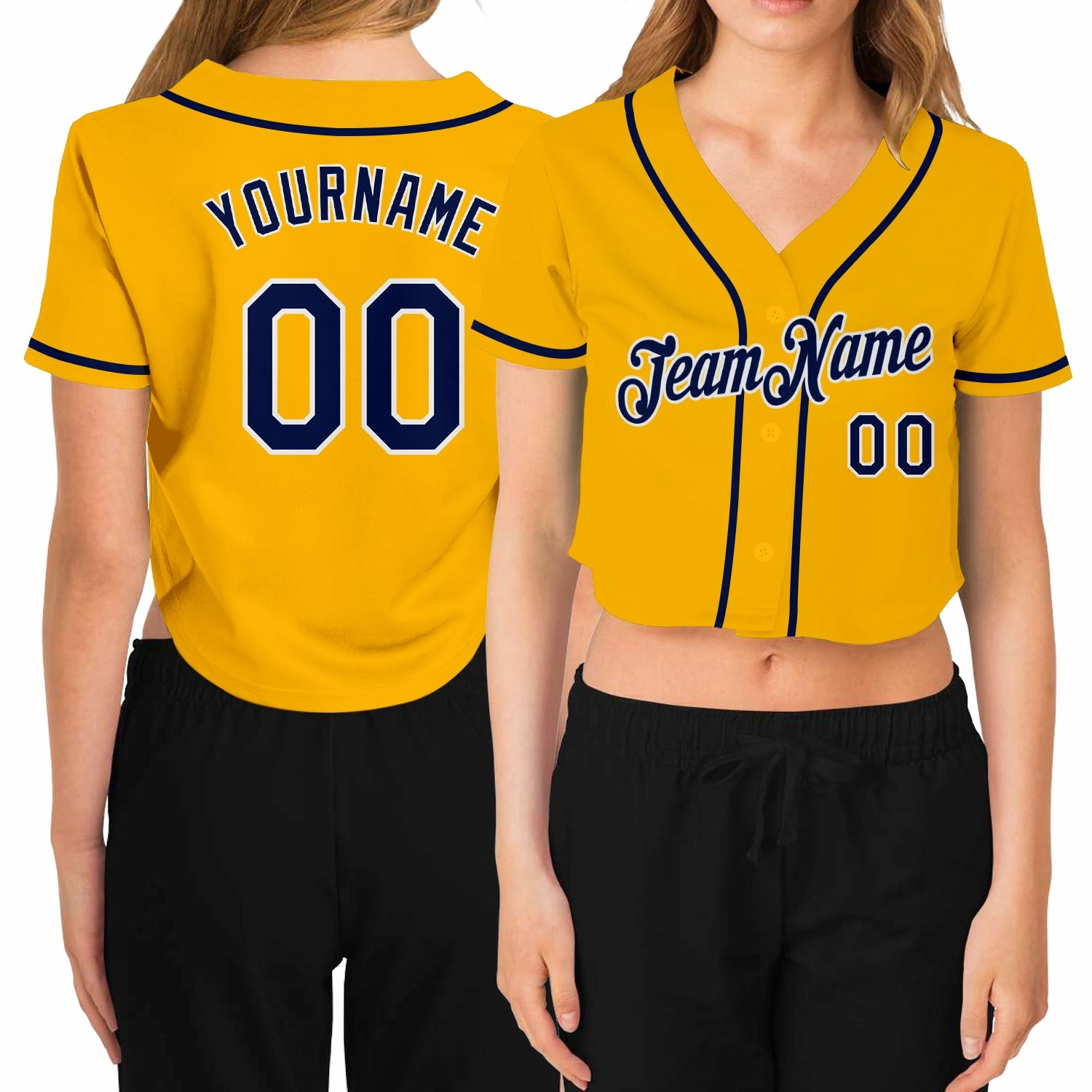 Custom Women's Gold Navy-White V-Neck Cropped Baseball Jersey