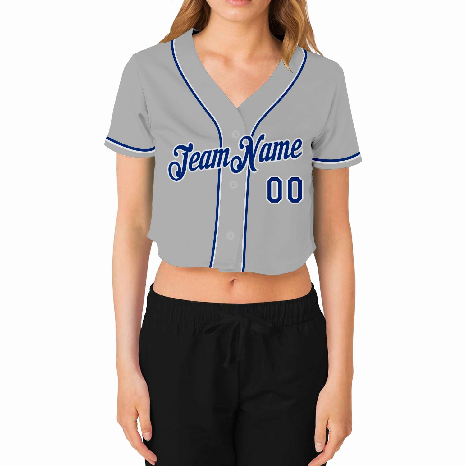 Custom Women's Gray Royal-White V-Neck Cropped Baseball Jersey