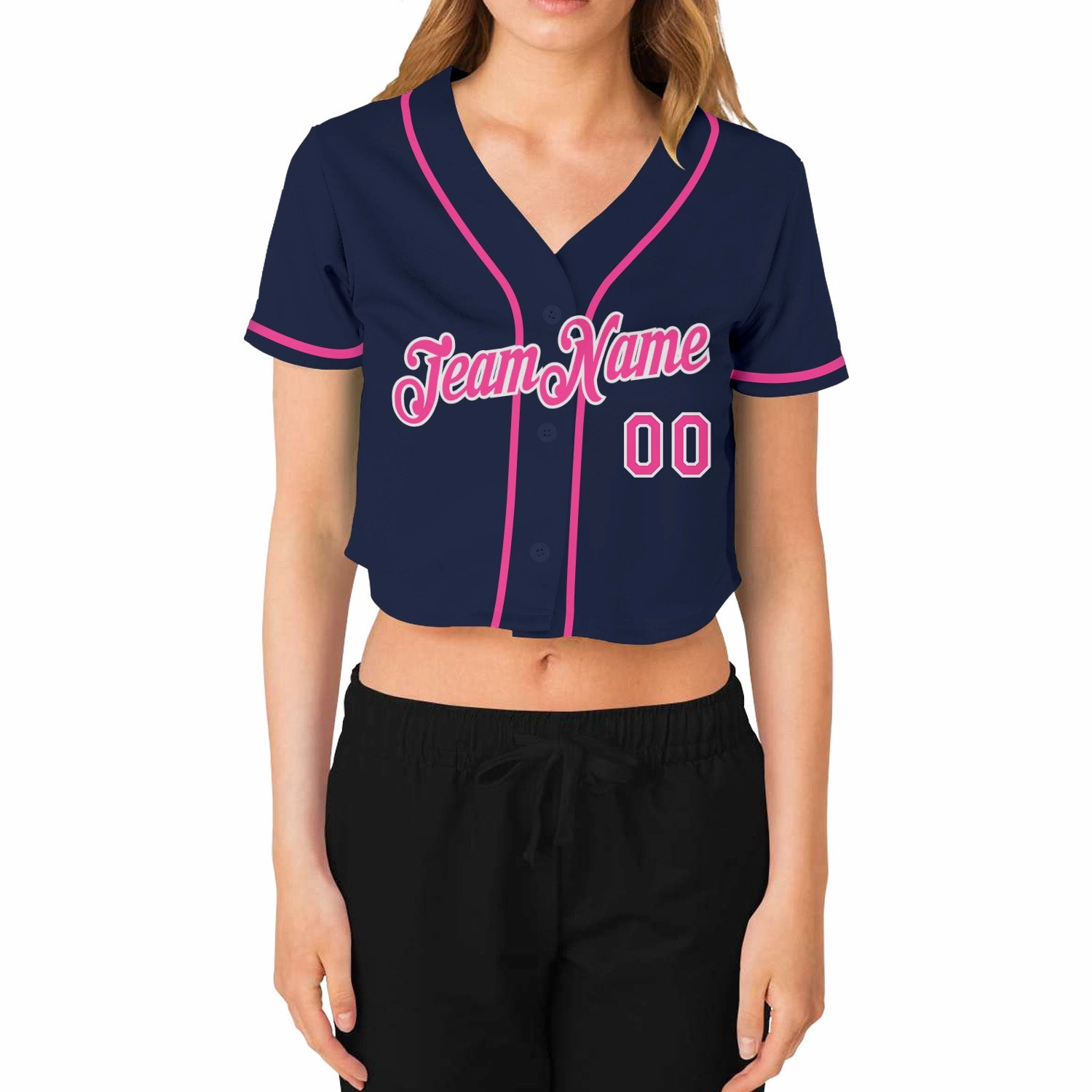 Custom Women's Navy Pink-White V-Neck Cropped Baseball Jersey