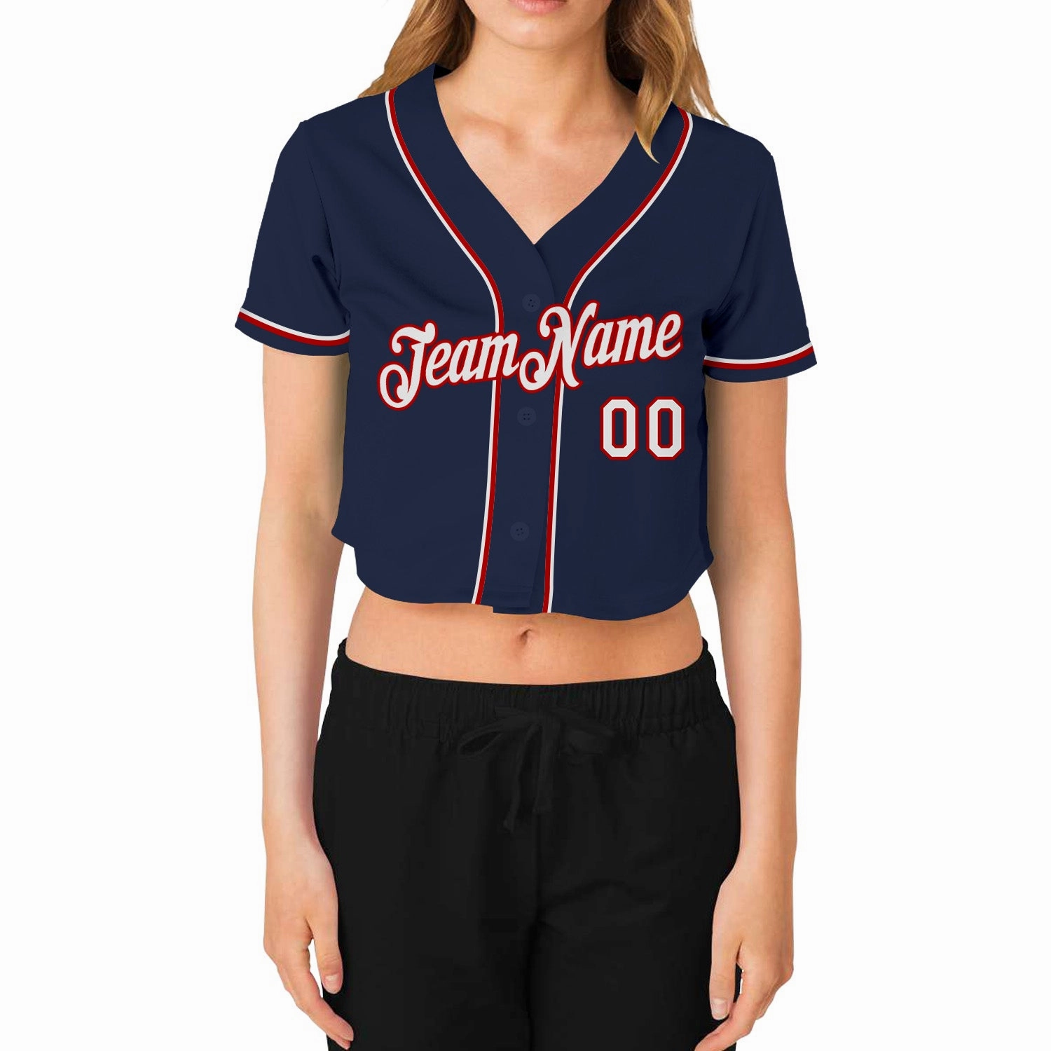 Custom Women's Navy White-Red V-Neck Cropped Baseball Jersey