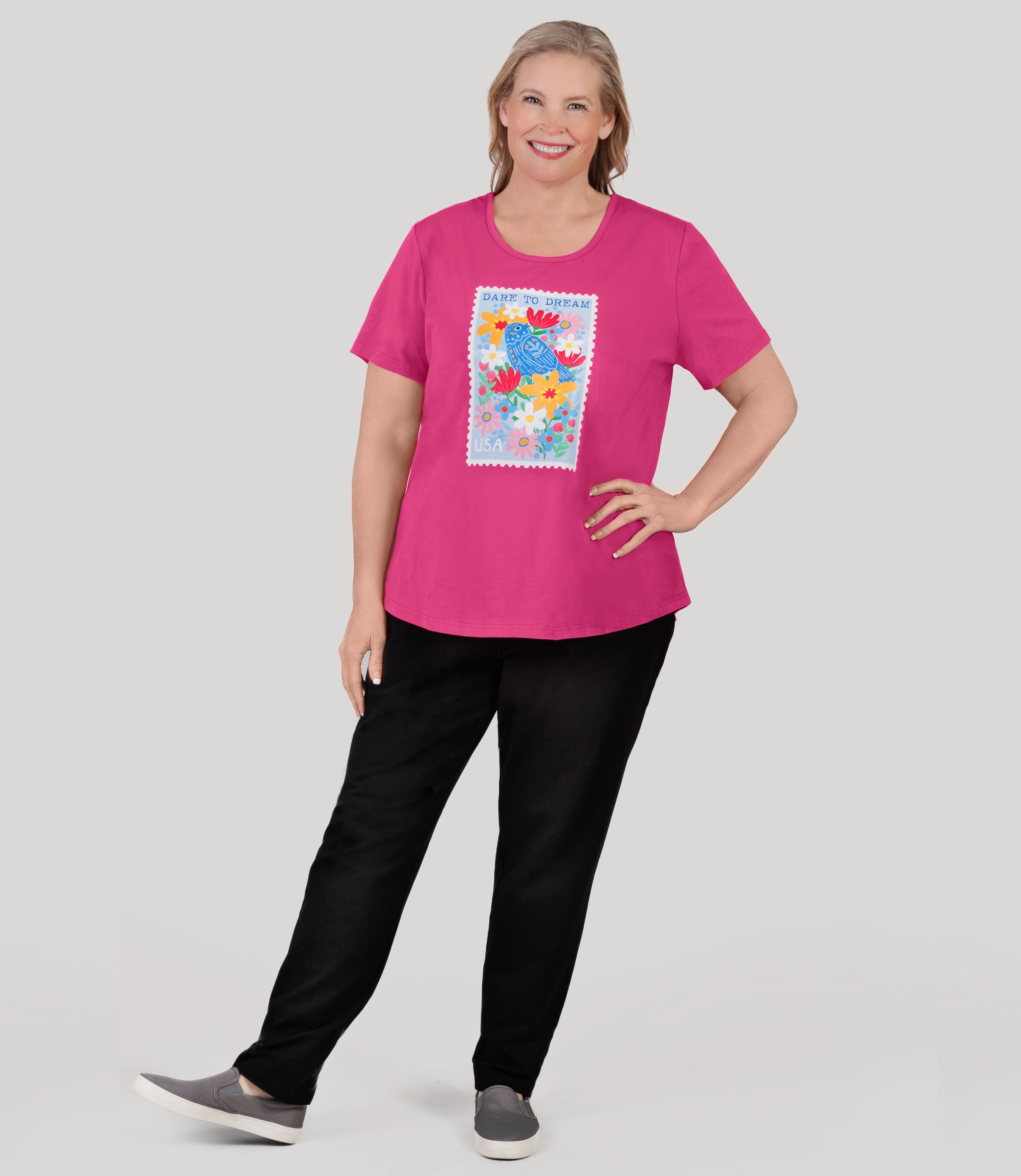 Designer Graphic Scoop Neck Top Dare to Dream