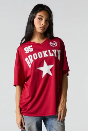Jersey en filet à col en V et imprimé Sporty