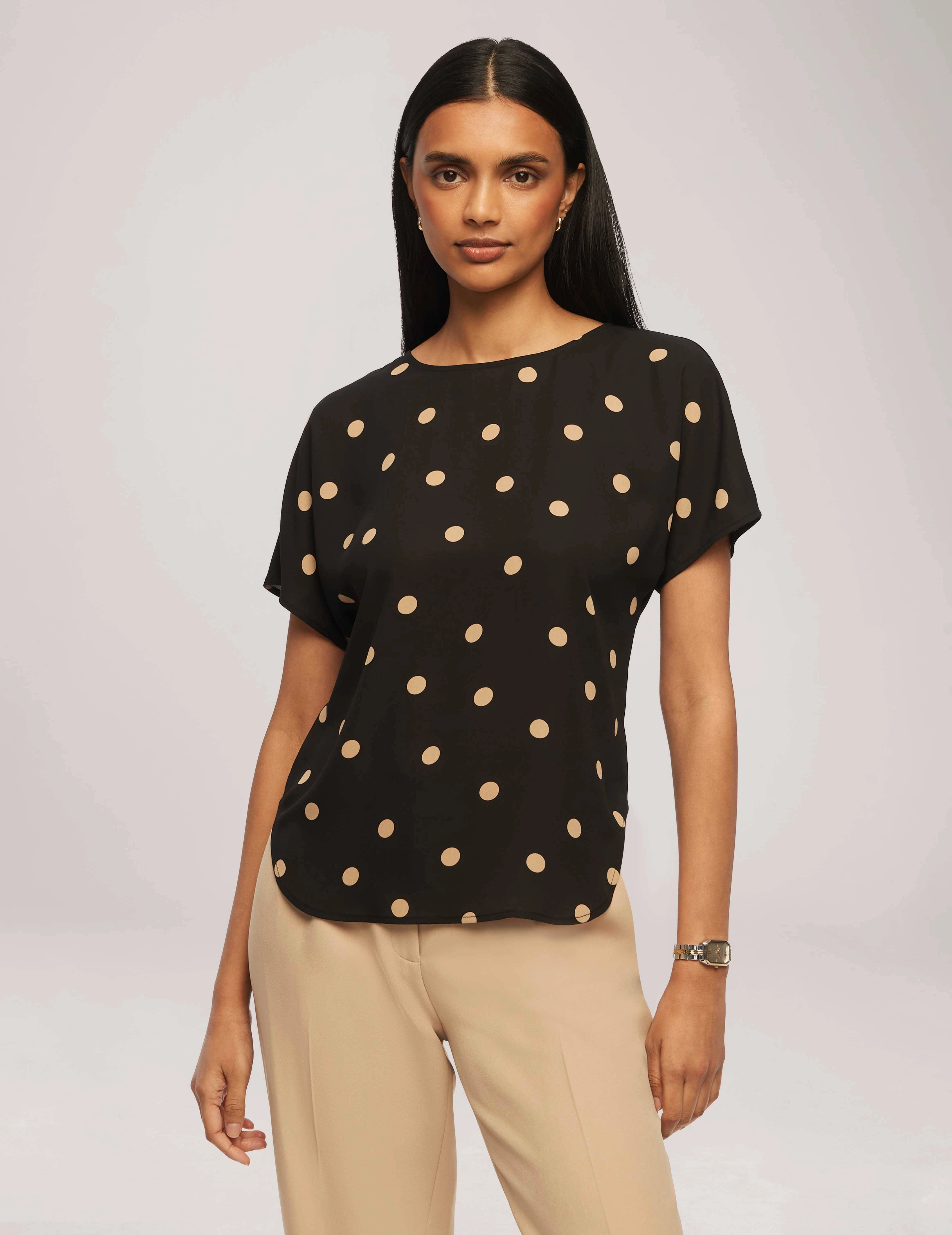 Large Dot Bateau Neck Short Sleeve Blouse - Sale