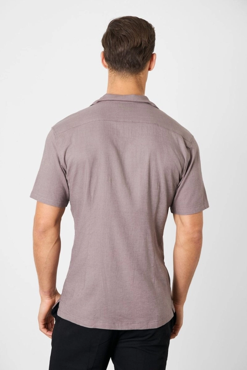 Linen Blend Cuban Collar Shirt in Truffle