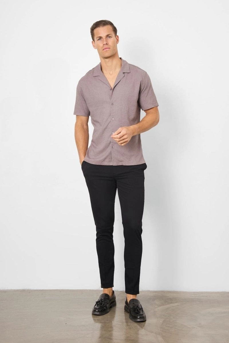 Linen Blend Cuban Collar Shirt in Truffle