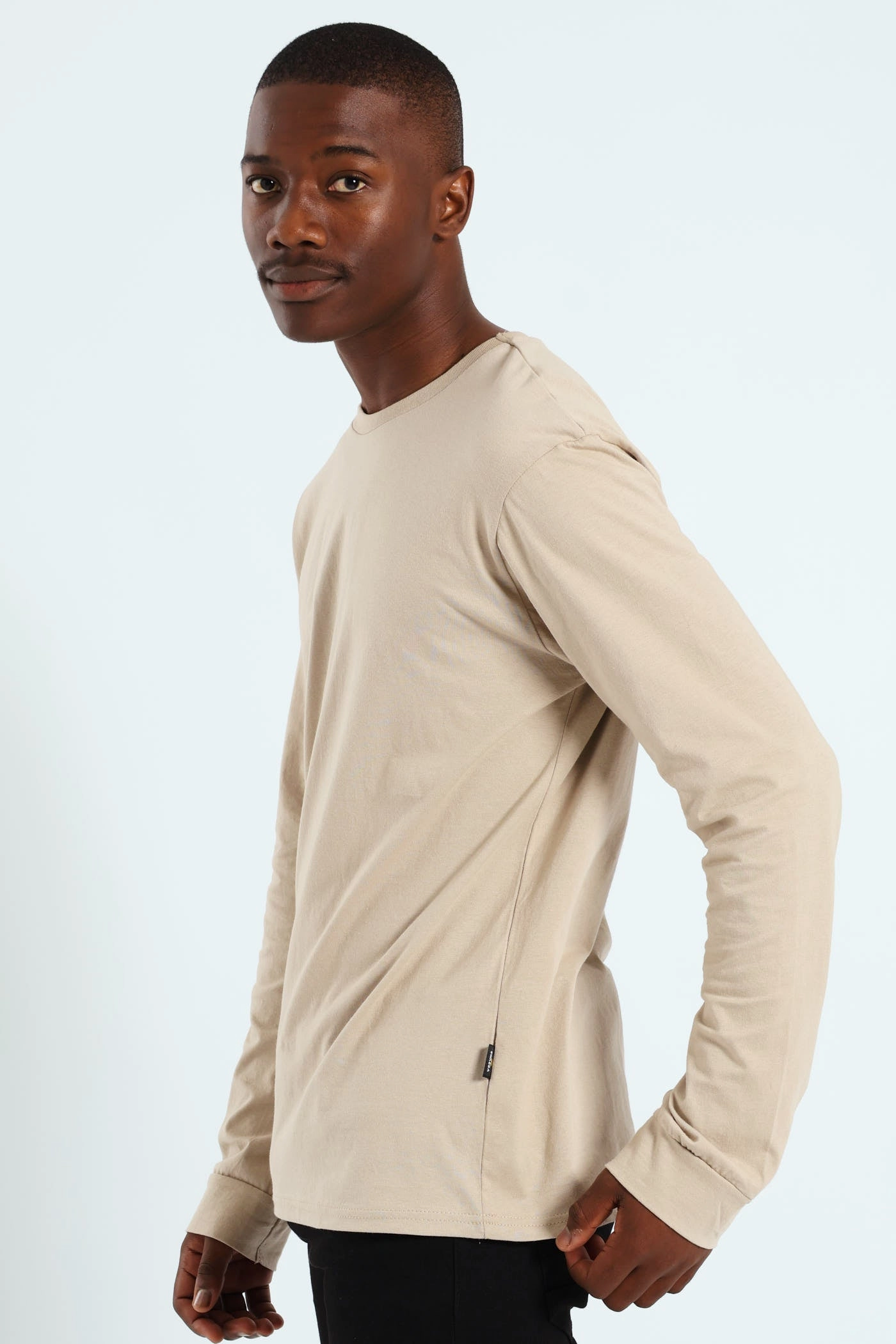 Long Sleeve Basic Crew Cuff Tee - Stone