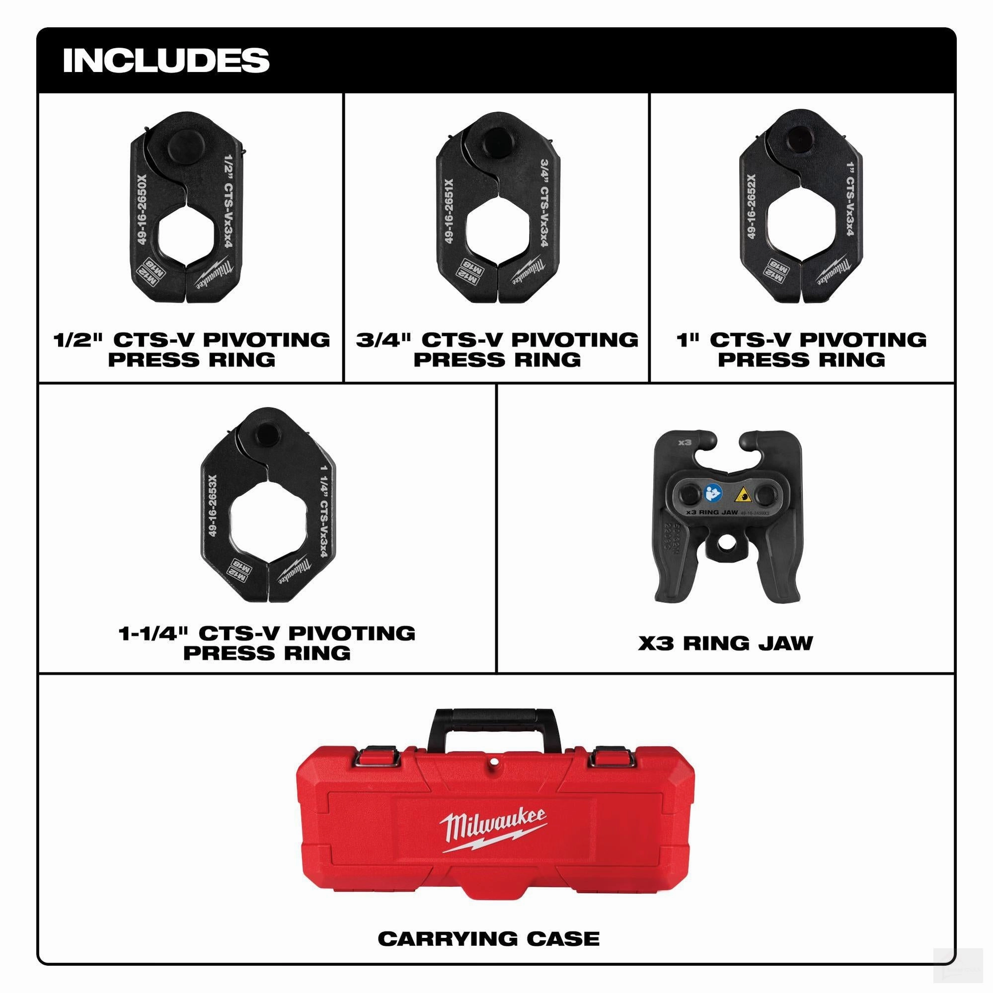 Milwaukee 1/2" - 1-1/4" CTS-V Pivoting Press Ring Kit for M12™ FORCE LOGIC™ Press Tool (49-16-2490X)